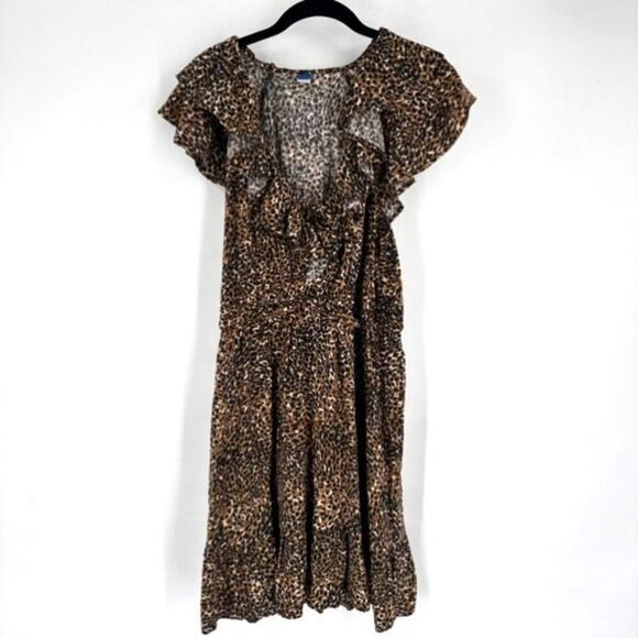 Old Navy Waist-Defined Ruffle-Trim‎ Mini Dress Leopard Print Size Large - Picture 2 of 16